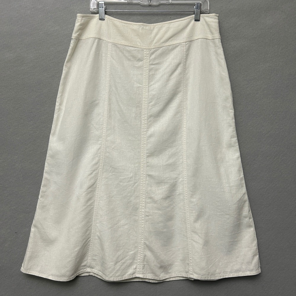Christopher & Banks Womens 14 Skirt Cream Linen Blend A-Line Midi Panel Detail